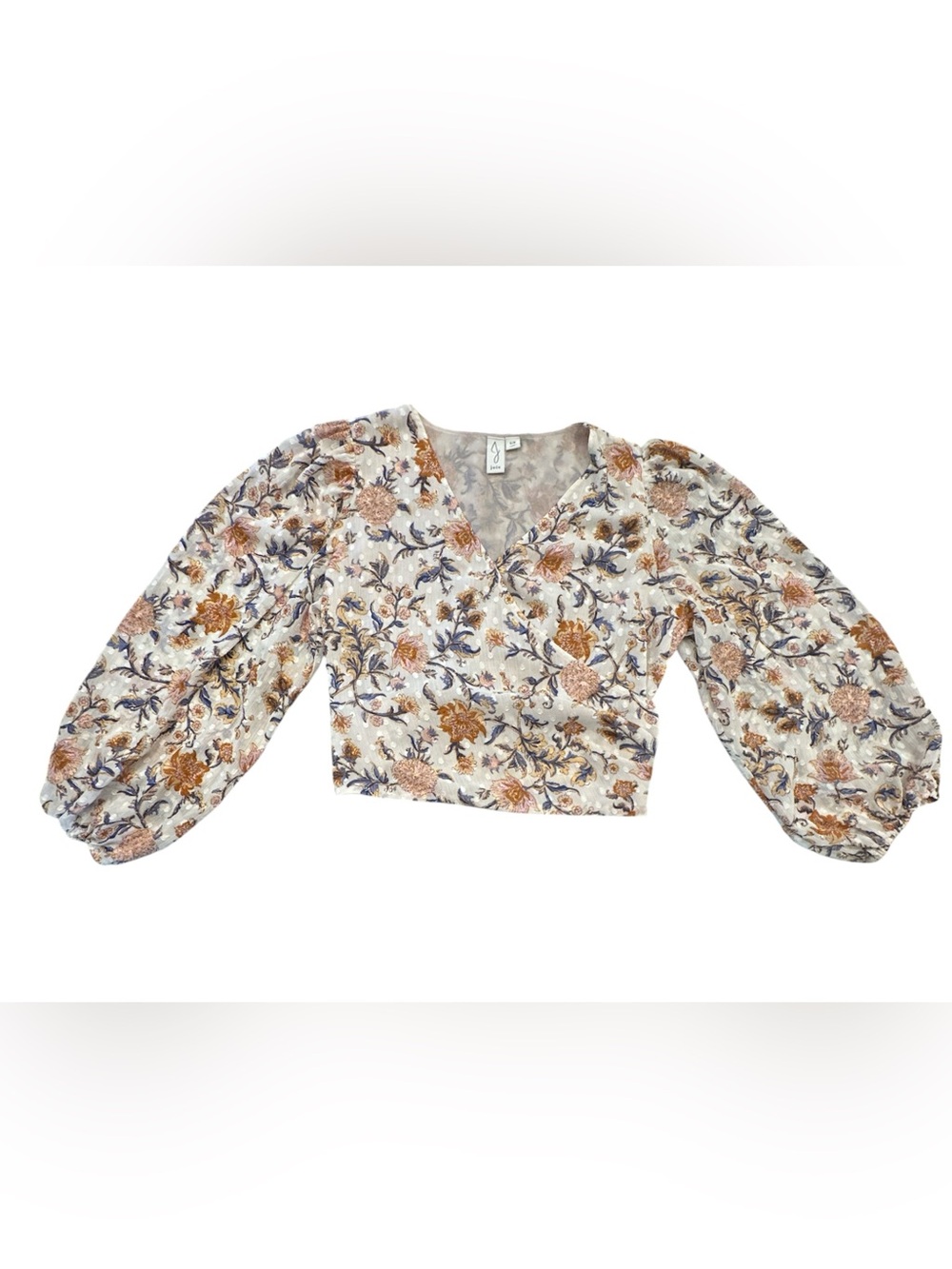 Joie Floral Swiss Dot Balloon Sleeve Faux Wrap Crop Top Blouse Size S Small